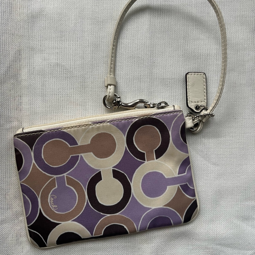 Coach Purple and Cream Leather and Silk Patterned Wristlet - Picture 2 of 3